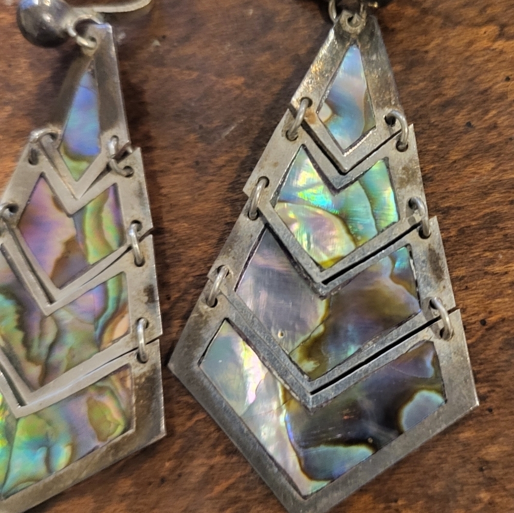 Vintage Mexico Sterling Silver & Abalone Shell Dangle Screwback Earrings - Picture 3 of 6